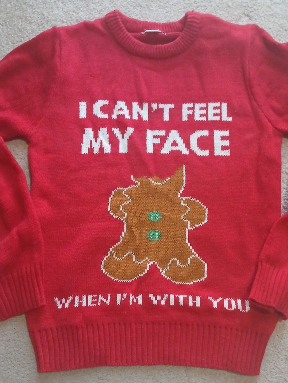 Fashion Nova Red Crewneck Sweater with Gingerbread Graphic